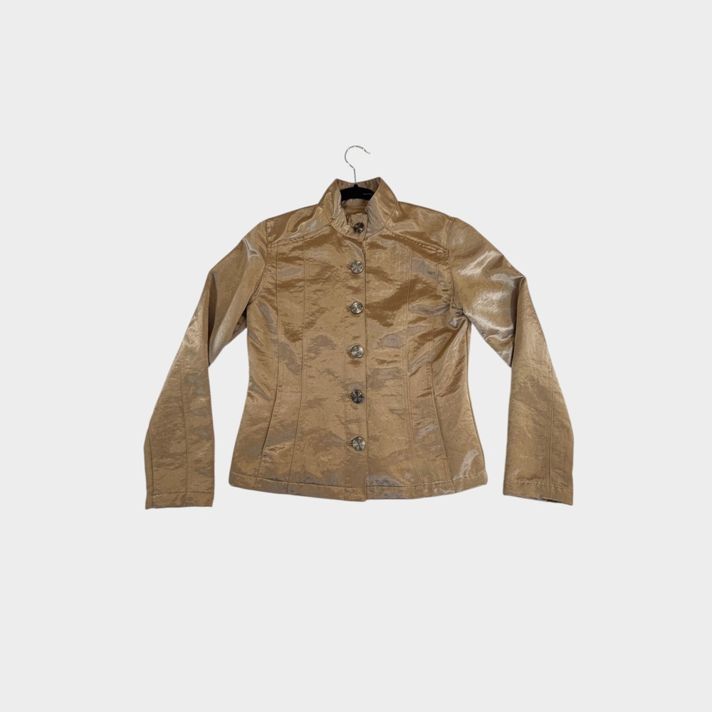 Chicos Size 0 Metallic Gold Button Up Jacket Mock Neck Shimmer Evening Size Sm 4